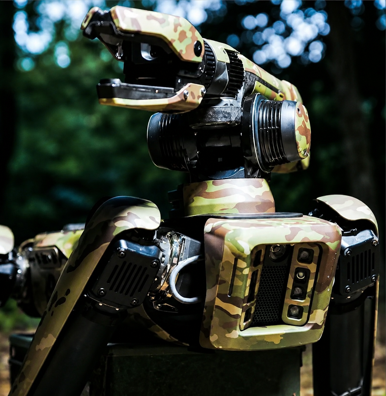 Spot em camuflagem multicam com payload sensorial em ambiente florestal
