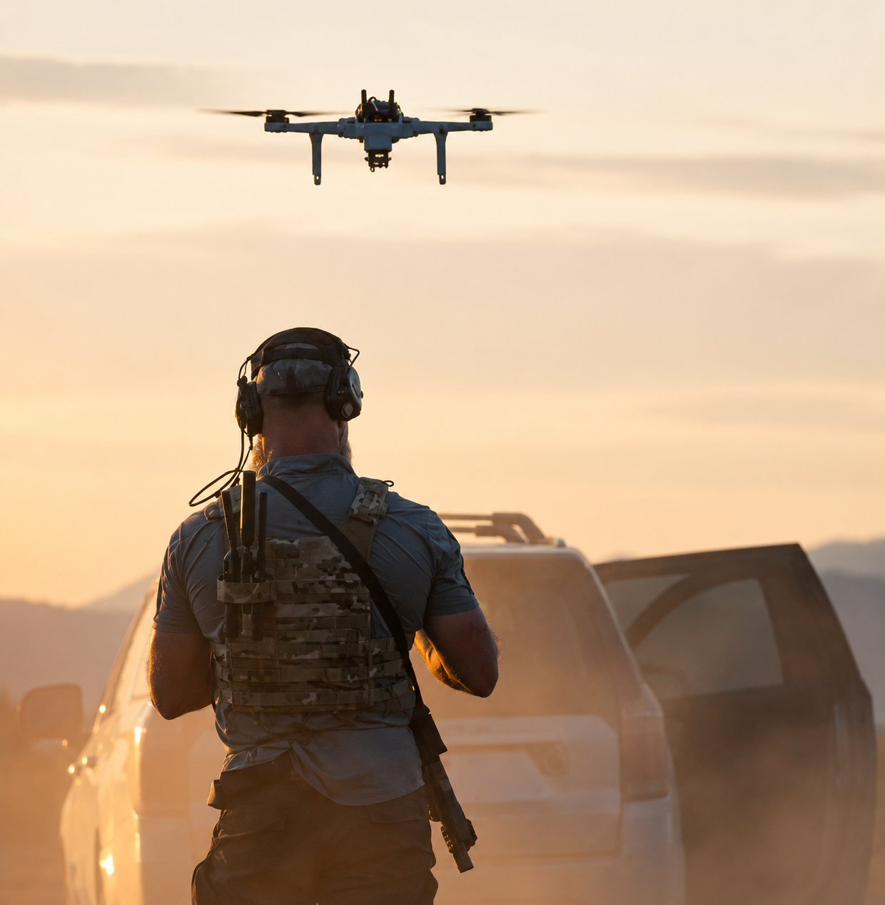 Drone tático em decolagem ao pôr do sol durante operação em campo