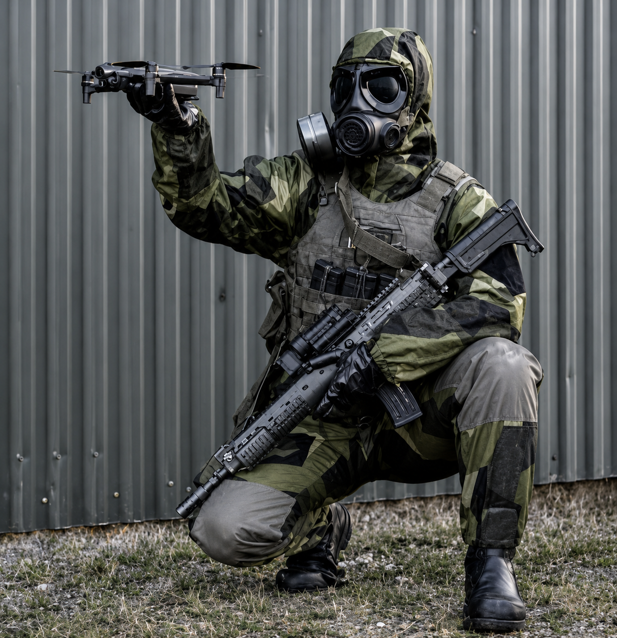 Operador CBRN empregando drone em ambiente contaminado